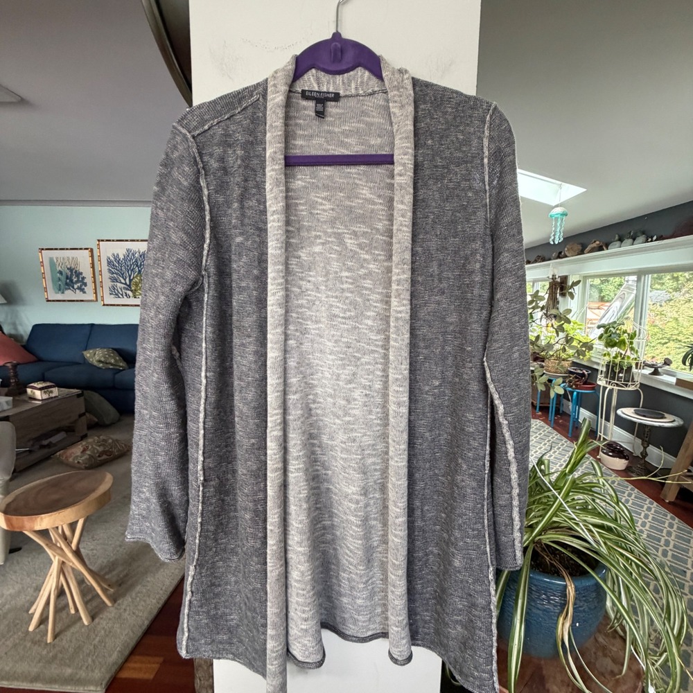 Eileen Fisher Cardigan Womens PM Grey Linen Cotton Open Front Knit Minimalist